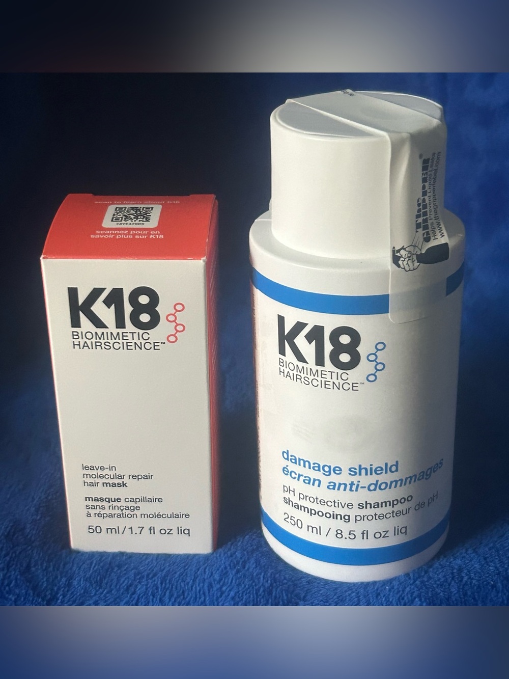 K18 Damage Shield pH-Protective Shampoo and leave in molecular repair hair mask!